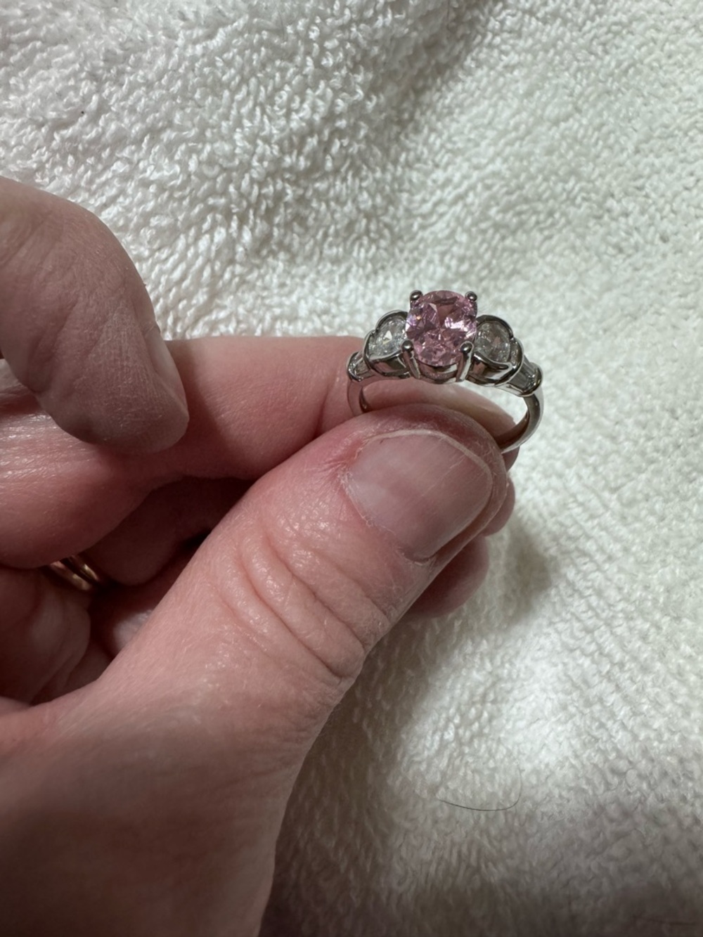Pink Centerstone Three-Stone Silver Ring